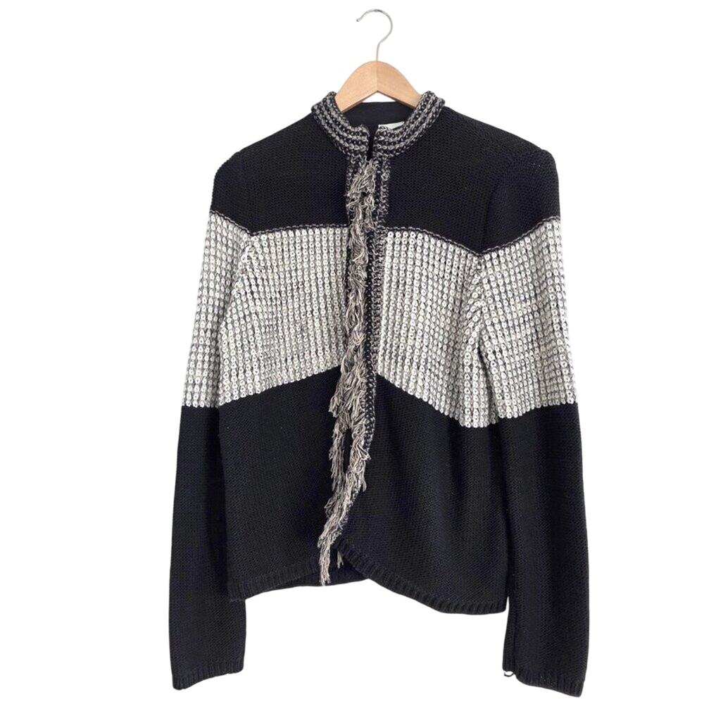 Chico's Colorblock Fringe Trim Chunky Knit Cardigan Sweater Jacket Black, Gray